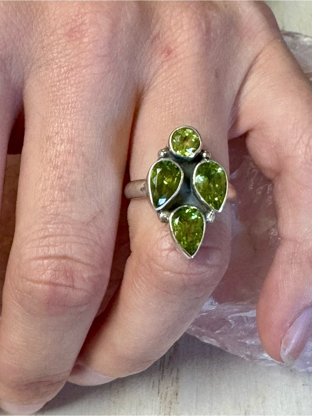 Green Peridot Faceted Teardrop Cluster Ring - Sterling Silver - Size 6.75